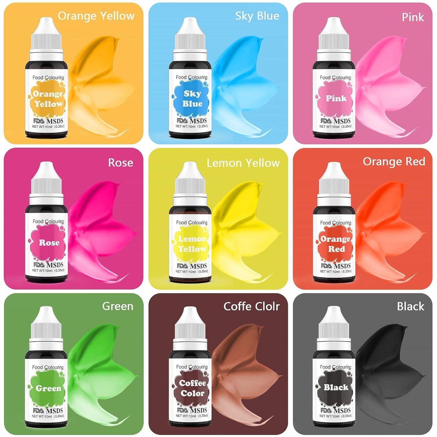 Barwnik spożywczy 9 ​​x 10 ml, barwnik spożywczy w płynie - zestaw barwników spożywczych do dekorowania ciast, makaroników, pączków, krówek, lukru, mydeł DIY, lodów, barwnika do mydła, barwnika do pistoletu natryskowego