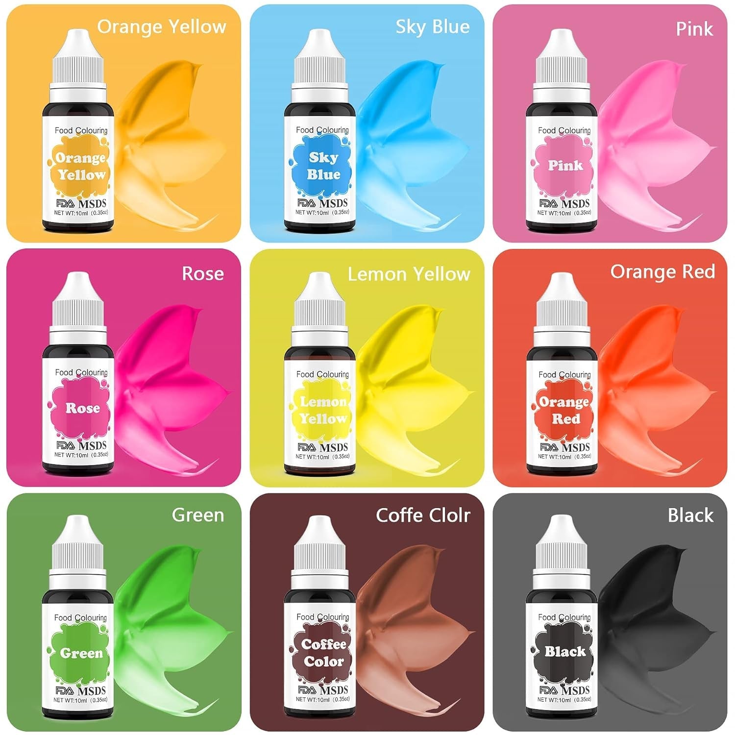 Barwnik spożywczy 9 ​​x 10 ml, barwnik spożywczy w płynie - zestaw barwników spożywczych do dekorowania ciast, makaroników, pączków, krówek, lukru, mydeł DIY, lodów, barwnika do mydła, barwnika do pistoletu natryskowego