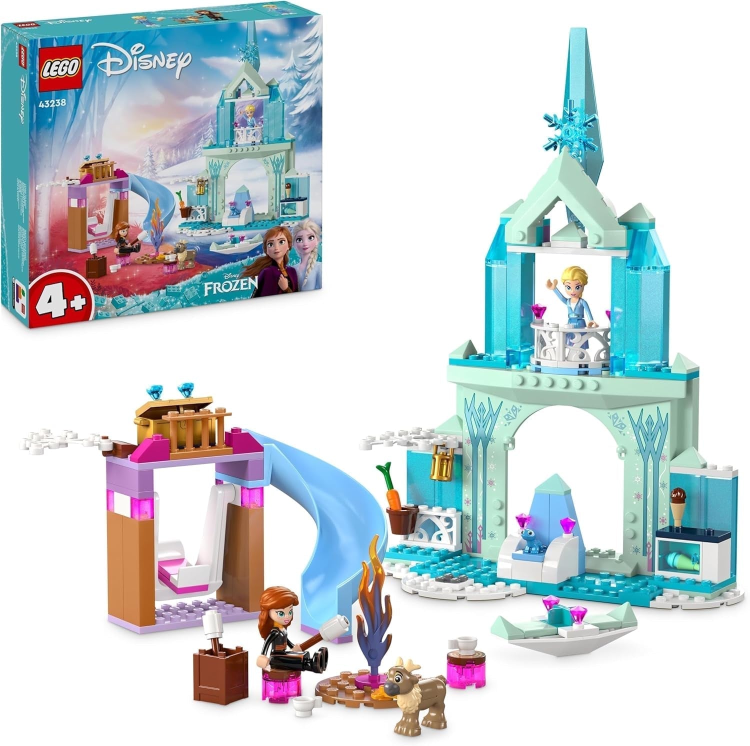 LEGO Disney Kraina Lodu Pałac Elsy, Zamek Królowej Lodu, lalka Księżniczka ELSA i Anna oraz 2 figurki zwierząt, świetny prezent dla 4-letnich dziewcząt i chłopców 43238 Zestawy do budowania Besuche den LEGO-Store Single
