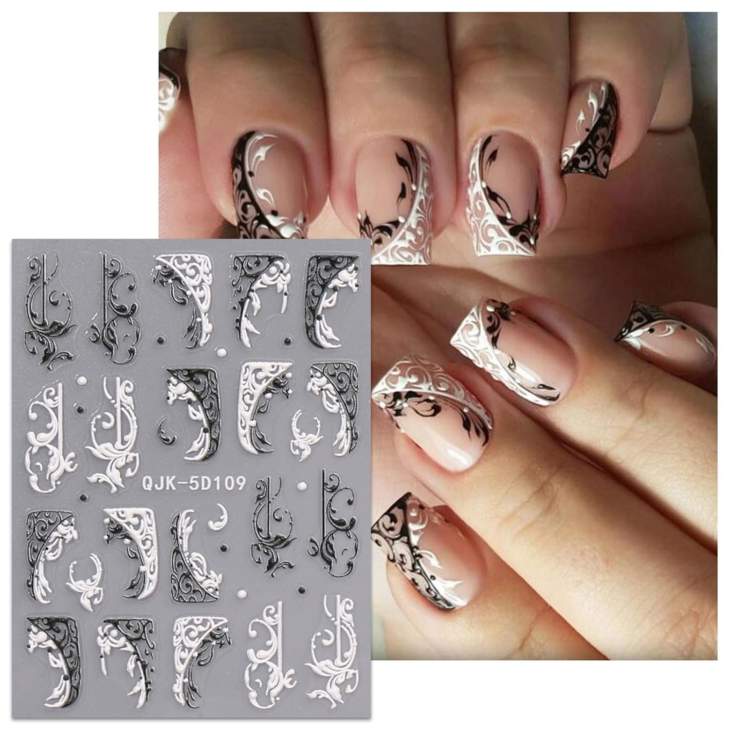JMEOWIO 3D Nagelsticker Schwarz Weiß Blume Nail Art Naklejka Selbstklebend Nagelaufkleber 5D Stereoskopisch Blumen Dekoration Nageldesign Zubehör 4 Blatt