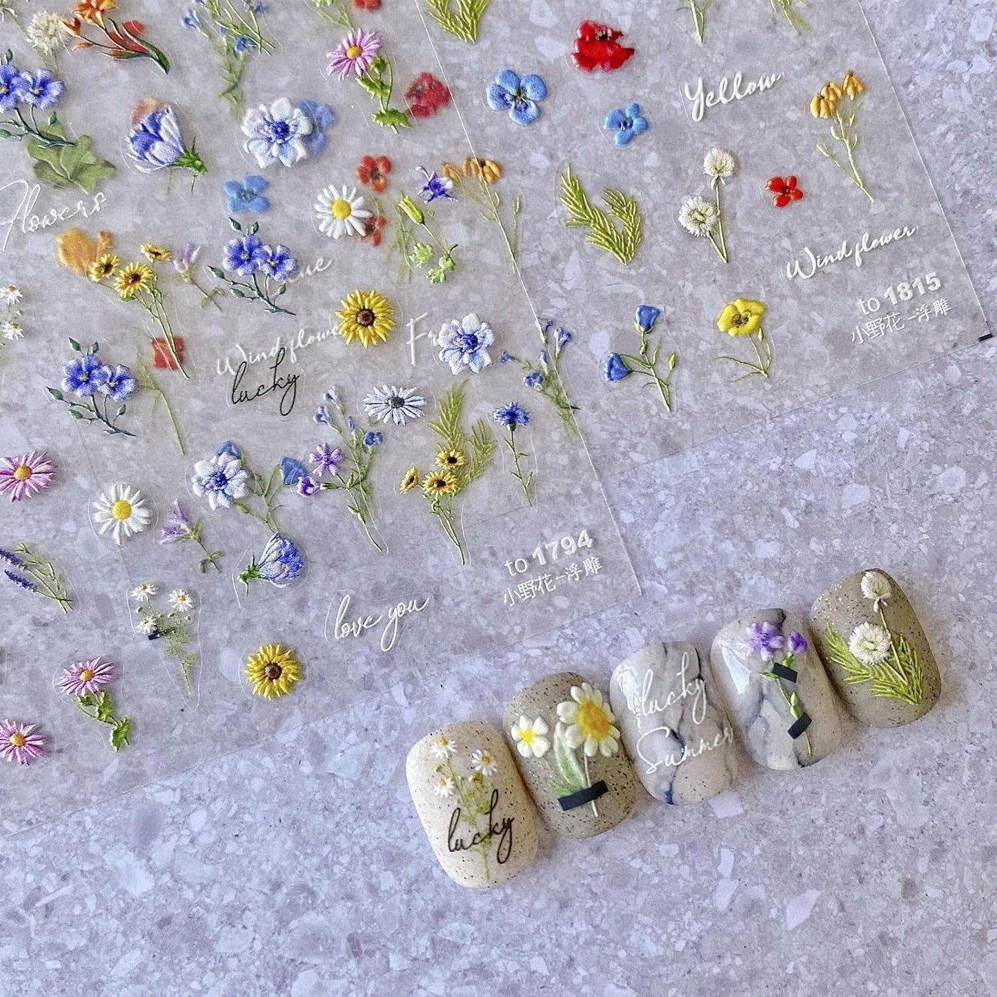JMEOWIO 3D Nagelsticker Bunte Blumen Nail Art Naklejka Selbstklebend Nagelaufkleber 5D Stereoskopisch Frühlings Sommer Blumen Dekoration Nageldesign Zubehör 2 Blatt