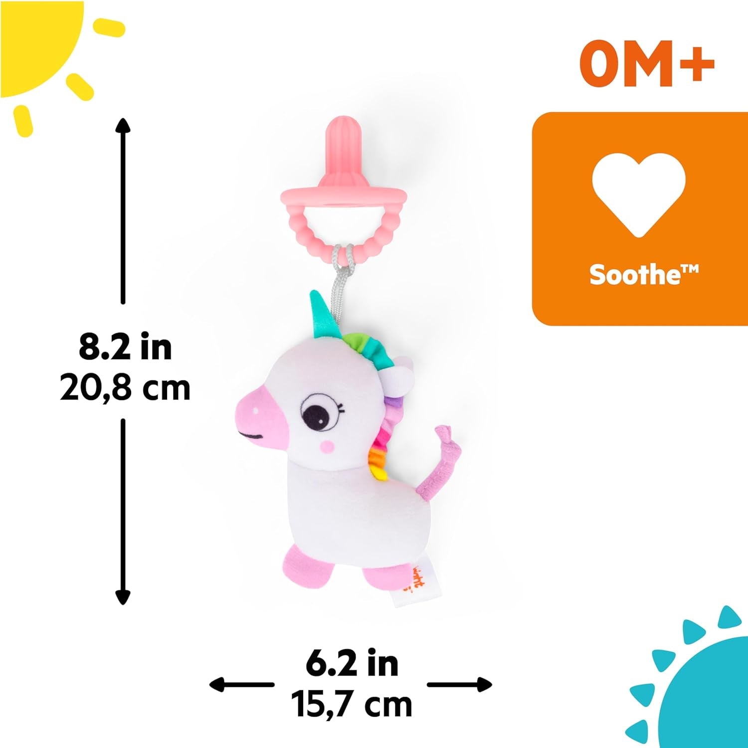 Bright Starts SootheMate Plush Pacifier, Unicorn - Odpinany smoczek w kształcie smoczka dla noworodków i starszych dzieci