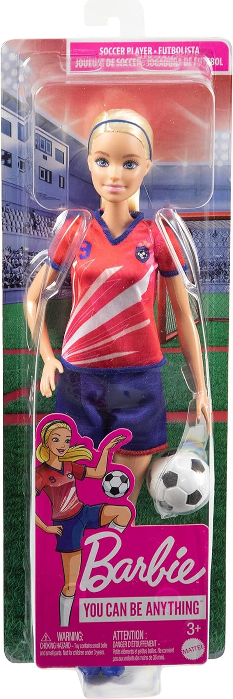 Seria Barbie „Możesz być kimkolwiek”, piłkarz, piłkarz o blond włosach, czerwono-niebieska koszulka, piłka, akcesoria, lalka w zestawie, prezent od 3 lat i więcej, HCN17