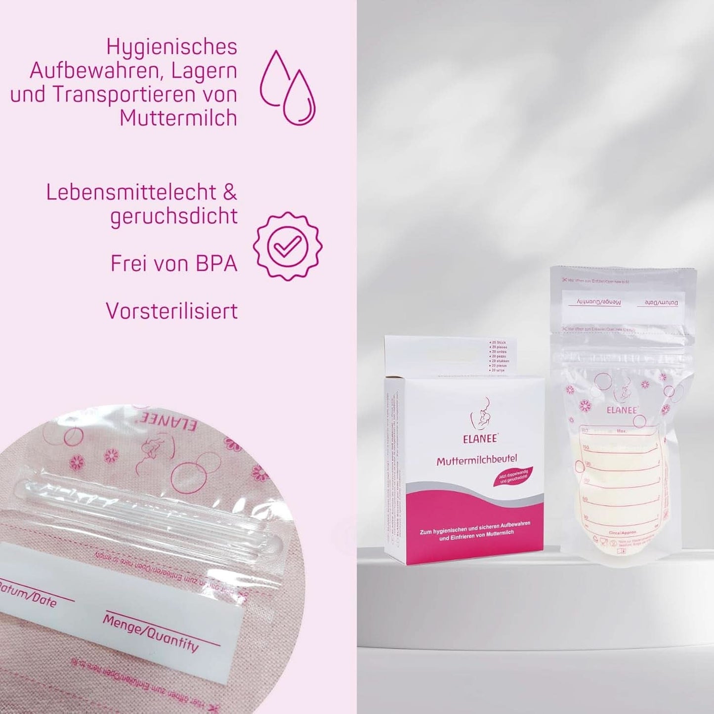 ELANEE Muttermilchbeutel, Aufbewahren & Einfrieren Von Muttermilch, Geschmackneutral Und Vorsterilisiert, Doppelter Sicherheitsverschluss, 20 Stück, Mit Standfuß (711-00) Żywność dla niemowląt i akcesoria do karmienia piersią Naty Shop