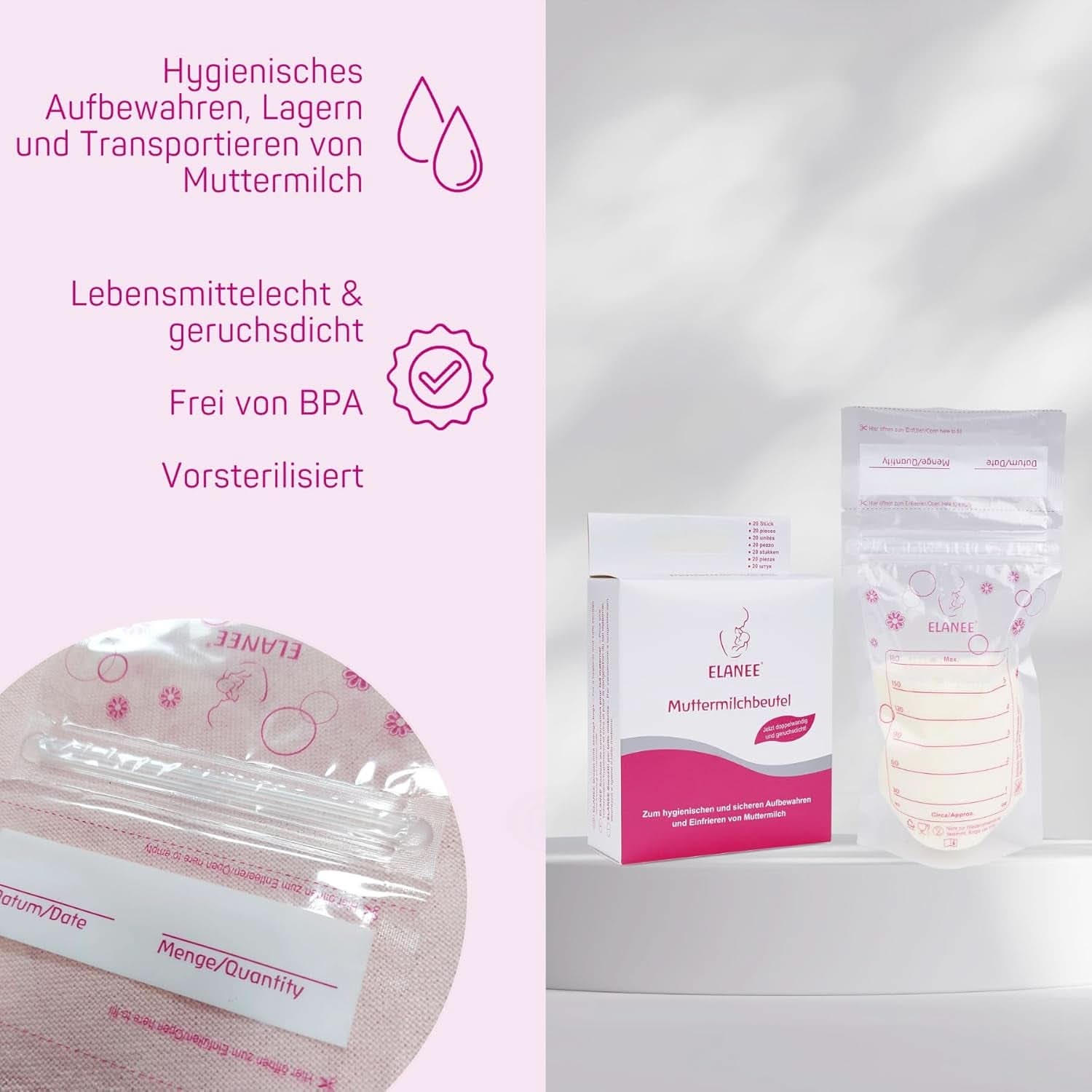 ELANEE Muttermilchbeutel, Aufbewahren & Einfrieren Von Muttermilch, Geschmackneutral Und Vorsterilisiert, Doppelter Sicherheitsverschluss, 20 Stück, Mit Standfuß (711-00) Żywność dla niemowląt i akcesoria do karmienia piersią Naty Shop