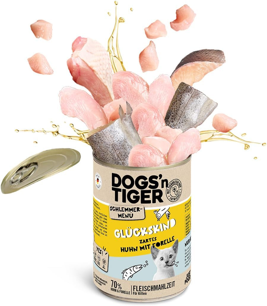 Dogs'n Tiger Schlemmermenü Glückskind, Nassfutter für Kätzchen, saftiges Hun und Forelle - ohne Getreide, Zuckerzusatz, künstliche Konservierungsstoffe, optymale Verträglichkeit, 12x 200g