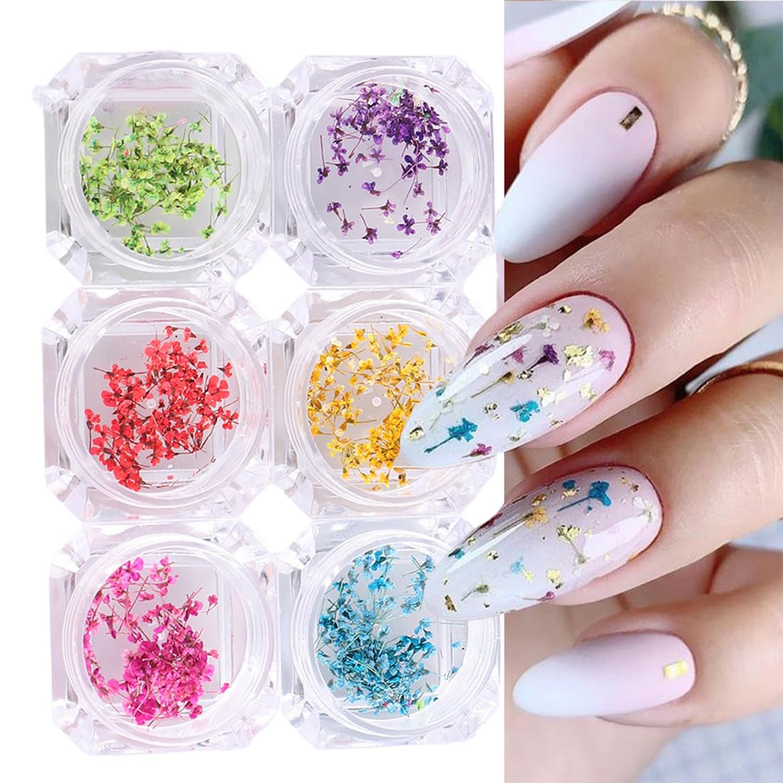 EYVRPAU 6 Stück Nail Art Zestaw kwiatów Dekoracja, Gelnägel Zubehör 6 Farben, Nail Art Aufkleber Trockene Blumen Kit Getrocknete Blumen Zubehör Zestaw DIY Nageldekoration