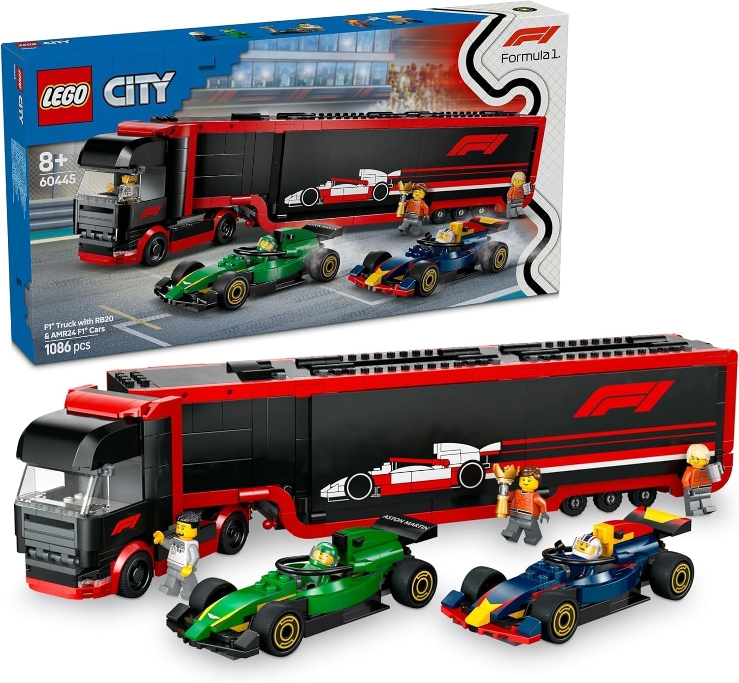 LEGO City Transporter F1 z samochodami wyścigowymi RB20 i AMR24 F1 - Zabawkowy transporter samochodów dla zespołów Formuły 1 Red Bull i Aston Martin - Zawiera. 5 minifigurek — prezent dla chłopców i dziewcząt w wieku od 8 lat 60445 Zestawy do budowania Beuche den LEGO-Store Domyślny tytuł