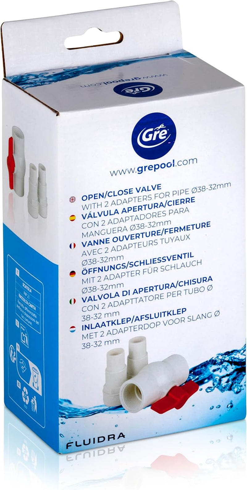 Gre AR512 - Zawór włączający/wyłączający z 2 adapterami do węży Ø38 i Ø32 mm