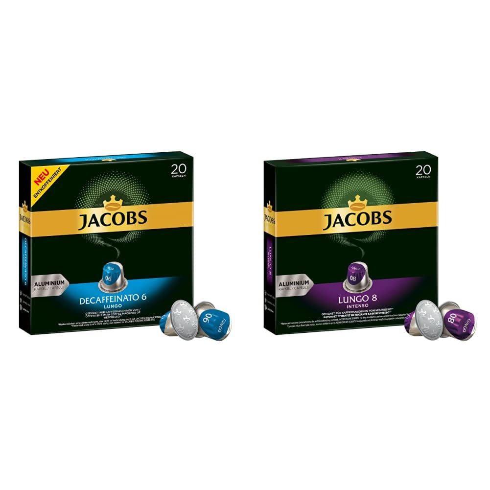 Jacobs Kaffeekapseln Lungo Decaffeinato - Intensität 6, 10 sztuk, 10 x 20 Getränke & Kaffeekapseln Lungo Intenso, Intensität 8 z 12, 200 Kapseln kompatybilnych z Nespresso®*, 10 x 20 Getränke