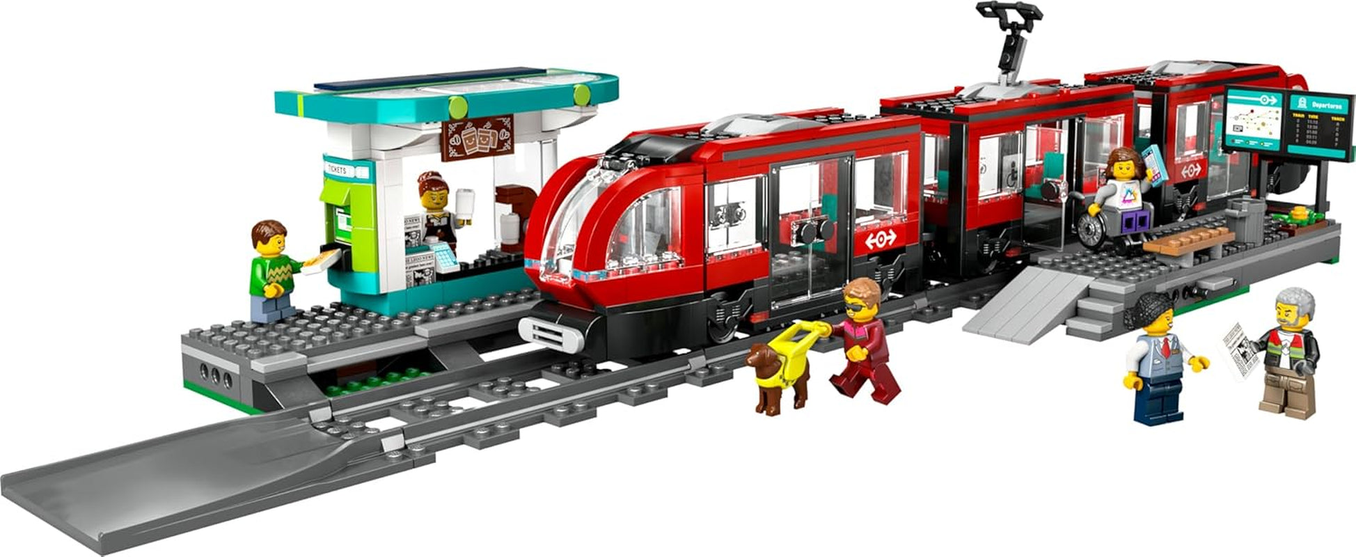 LEGO City tramwaj ze stacją, pomysł na prezent dla fanów zabawek samochodowych od 7 lat, z 6 minifigurkami i psem przewodnikiem do odgrywania ról, zabawka do budowania 60423 Zestawy do budowania Besuche den LEGO-Store