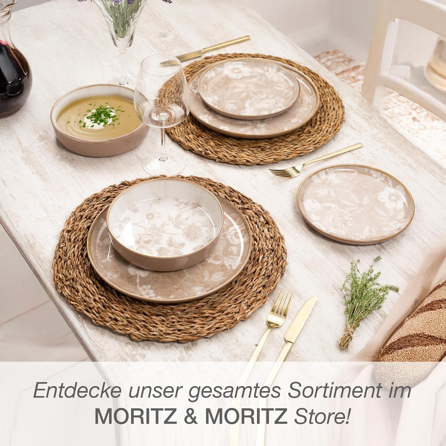 Moritz & Moritz MARIELLA 6-osobowy 24-częściowy zestaw obiadowy z kamionki - Nowoczesna beżowa zastawa stołowa o zabawnym designie, łatwy w pielęgnacji serwis kawowy z talerzami, miskami i filiżankami - Zestaw kombinowany