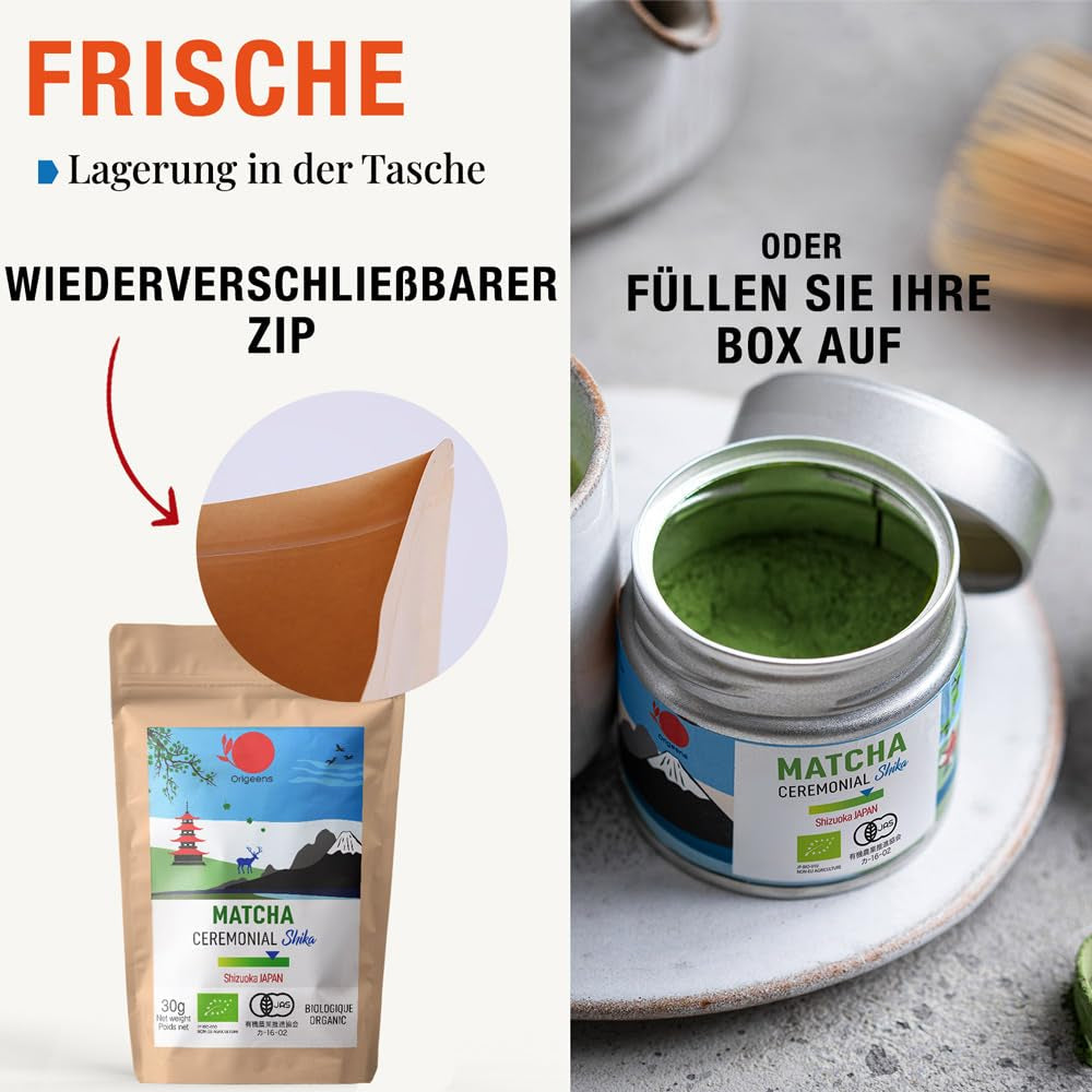 ORIGEENS BIO MATCHA CEREMONIAL GRADE „SHIKA” - Organiczna japońska herbata z Shizuoki - Matcha Latte/Usucha - 30g torebka uzupełniająca - Ceremonial Grade Organiczna zielona herbata Matcha w proszku