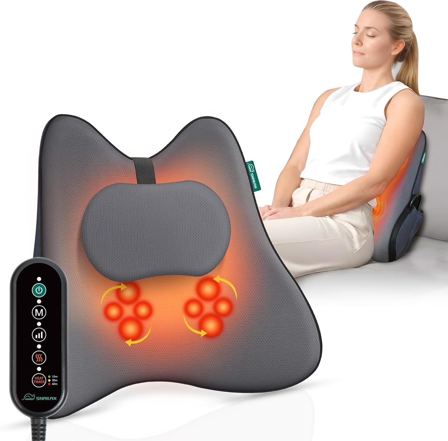 Snailax Ergonomiczna poduszka podparcia lędźwiowego z masażem i ciepłem, poduszka pod plecy Shiatsu z pianki memory, poduszka siedziska z 3 intensywnościami masażu | 2 poziomy ogrzewania | 3 timery | wygodna pozycja siedząca