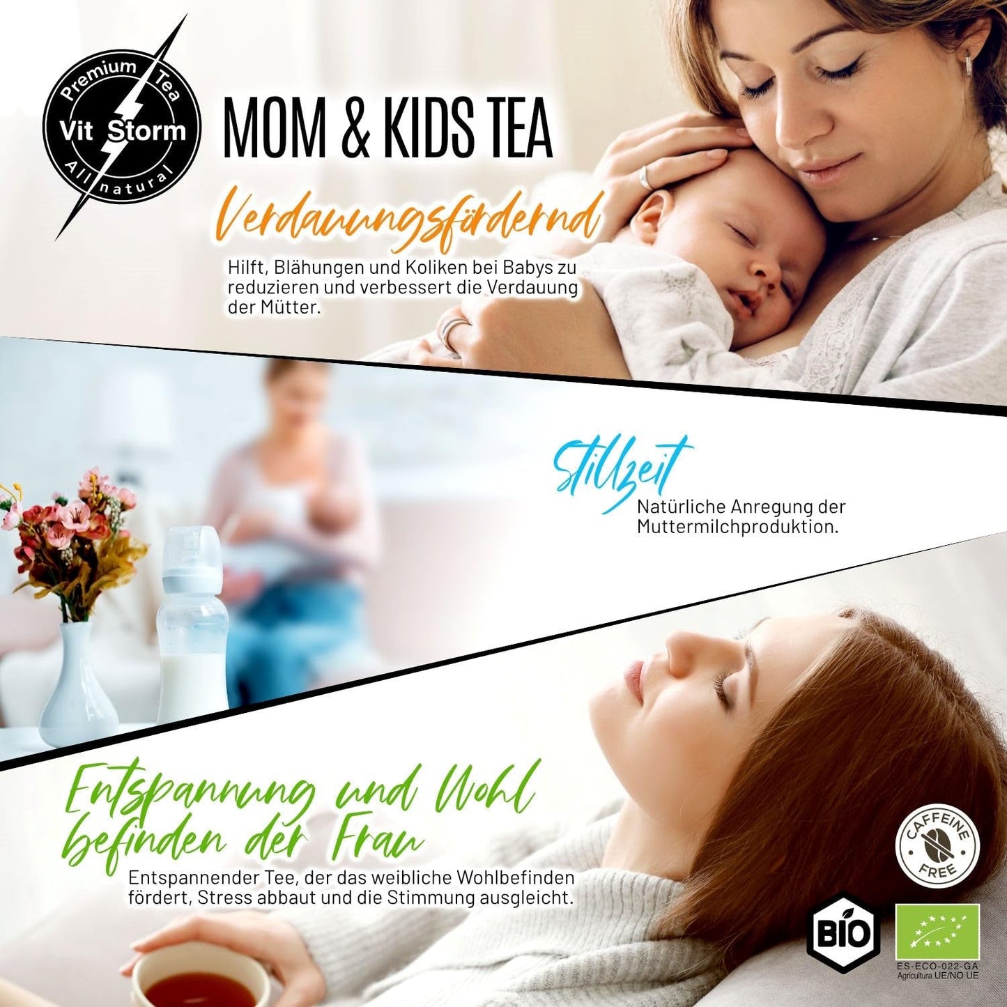 VITSTORM® BIO TEE Mom & Kids - Herbata dla kobiet i karmiących piersią - Rooibos, jabłko, koper włoski, melisa, alchemilla, truskawka - Herbata relaksująca - Owocowa i pyszna - Bez kofeiny - Herbata ziołowa 100 g