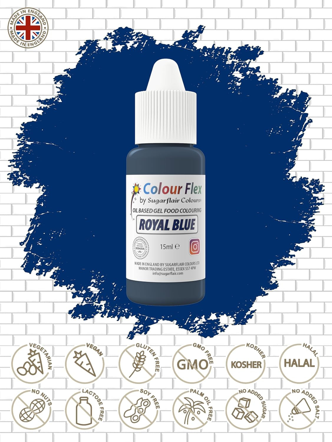Sugarflair Colourflex Barwnik spożywczy na bazie oleju, błękit królewski, wysoce skoncentrowany płynny barwnik spożywczy, barwnik spożywczy do śmietany, czekolady, ciasta, kremówki, lukieru i nie tylko - 15 ml