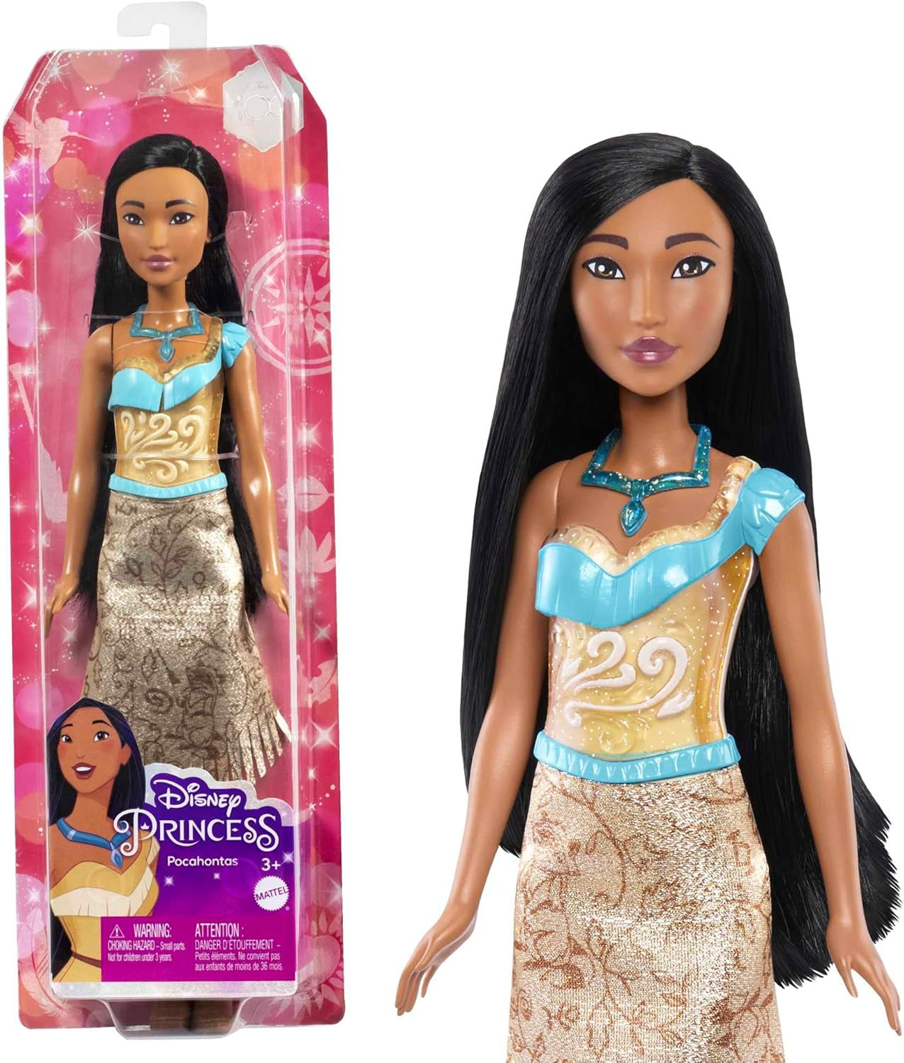 Mattel DISNEY Princess Aurora - lalka w typowym stroju, zdejmowane buty i tiara, błyszczący top i zdejmowana wzorzysta spódnica, długie włosy do stylizacji, HLW09 Naty Shop Pocahontas Dolls
