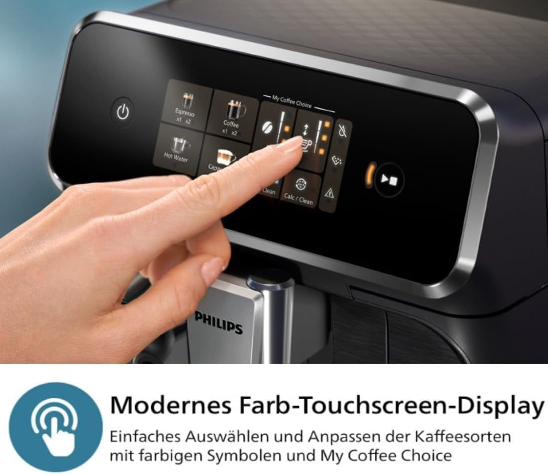Ekspres automatyczny PHILIPS seria 2300 - 4 napoje, nowoczesny kolorowy ekran dotykowy, system przygotowania mleka LatteGo, SilentBrew, młynek 100% ceramiczny, filtr AquaClean. Czarny matowy (EP2330/10)