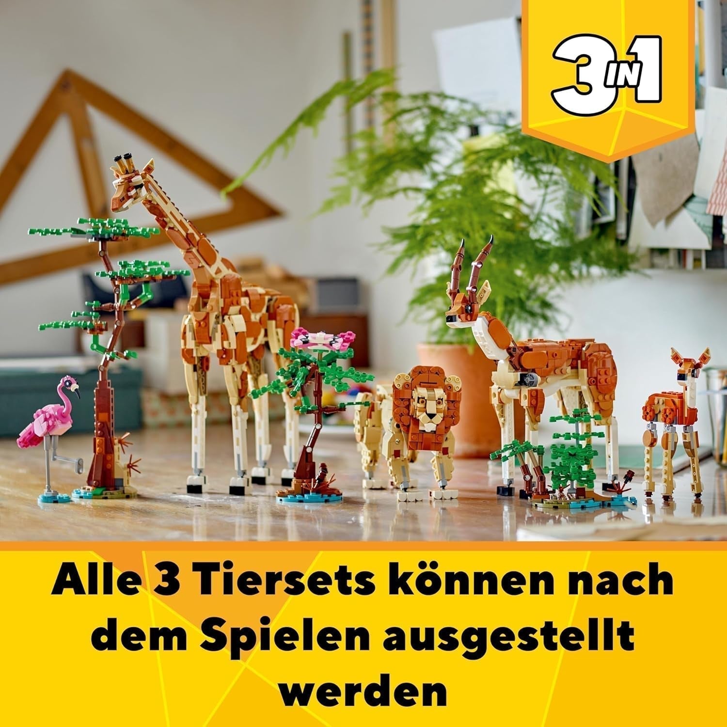 LEGO Creator 3w1 Animal Safari, kreatywny zestaw z figurkami zwierząt, 3 opcje budowania: zabawkowa żyrafa, gazela i lew, zabawkowe zwierzęta dla dziewcząt i chłopców, naturalny prezent dla dzieci w wieku od 9 lat 31150 Zestawy do budowania Beuche den LEGO-Store