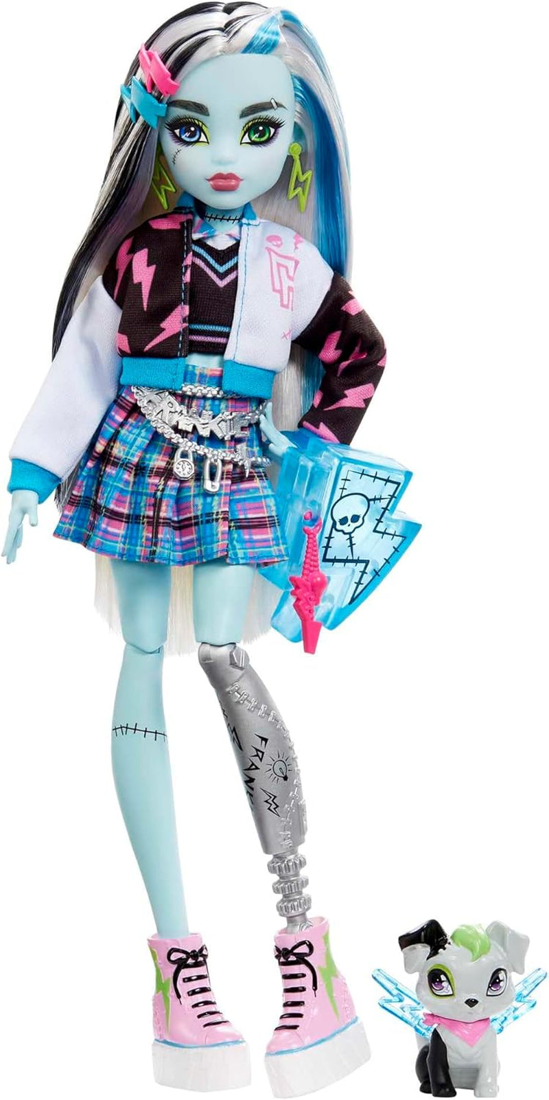 Lalka Monster High Frankie Stone w dżinsowej kurtce i spodenkach, zawiera psa Watzie i akcesoria, takie jak plecak, przekąska i notatnik, HXH73 Naty Shop Dolls Elektryzująca moda
