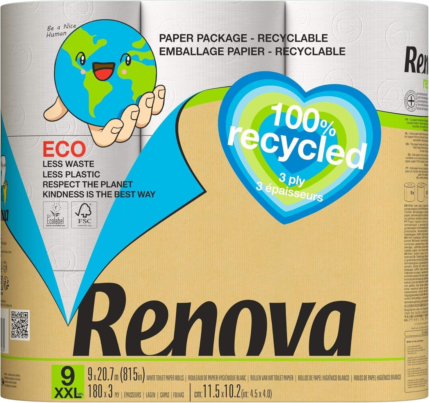 Papier toaletowy Renova 100% Z RECYKLINGU 9 rolek, biały, normalny