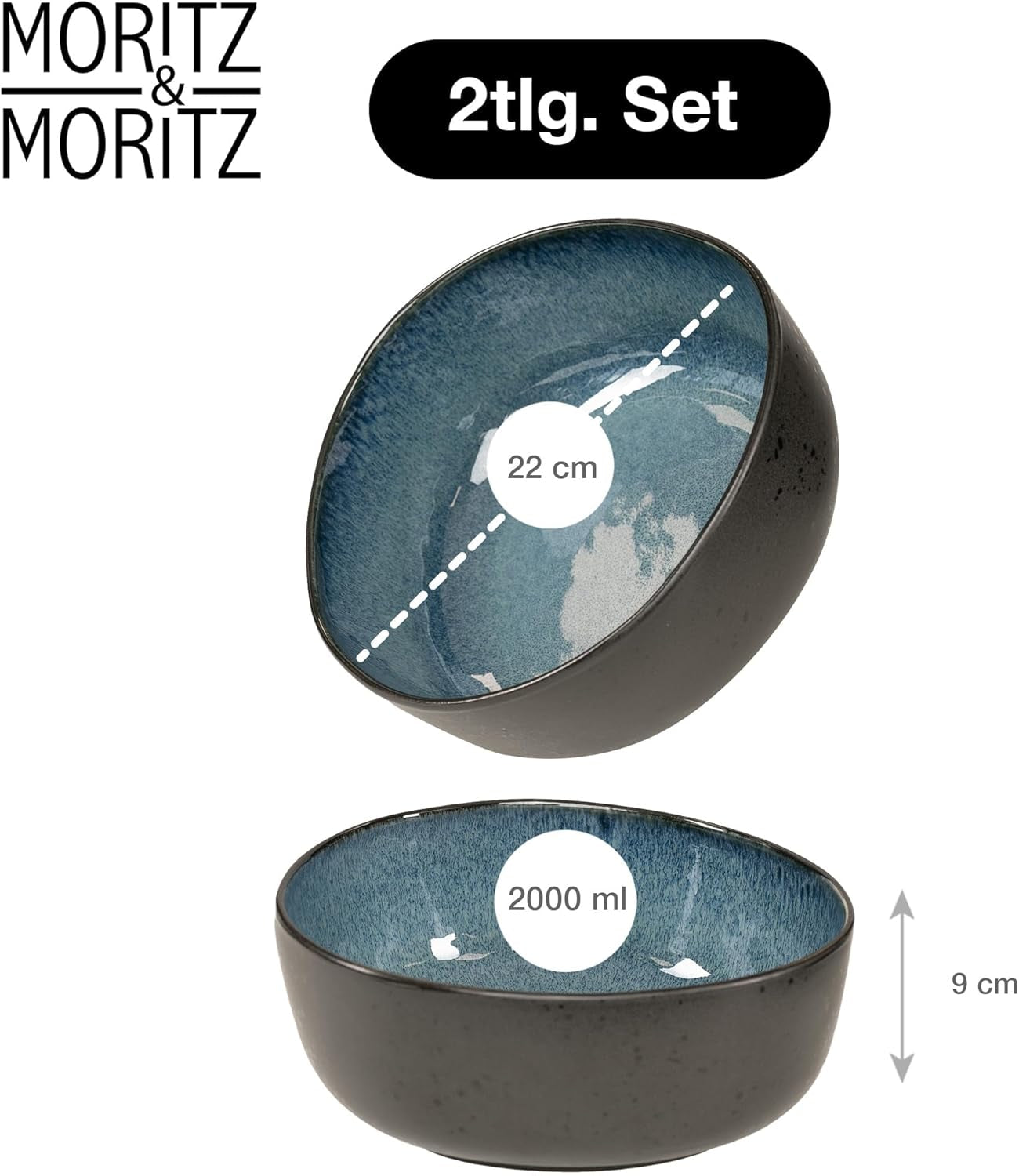 Zestaw misek do serwowania Moritz & Moritz ORGANIC, niebieski - 2 duże, wysokiej jakości miski kamionkowe, nowoczesne i ponadczasowe, można używać w kuchence mikrofalowej i myć w zmywarce - idealne do sałatek, makaronów, przekąsek i nie tylko