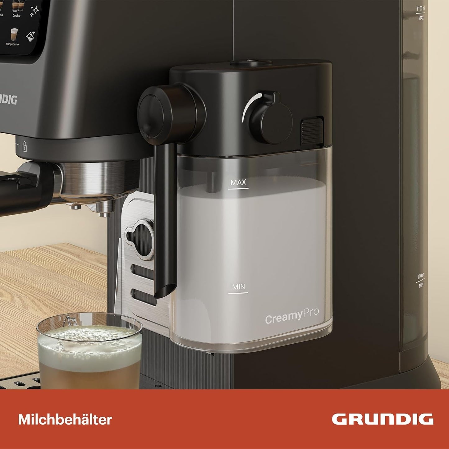 Ekspres do kawy z kolbą GRUNDIG KSM 5330 ze zintegrowanym pojemnikiem na mleko, moc 1628 W, ciśnienie pompy 15 bar, podwójna dysza, kolorowy wyświetlacz dotykowy, BrewSense, CreamyPro, Ciemna stal nierdzewna/Czarny