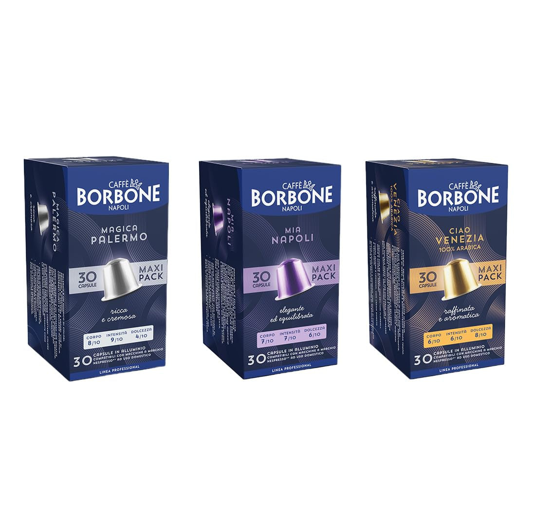 Zestaw Caffè Borbone Verkostung, 90 kapsułek aluminiowych: 30 Mia Napoli, 30 Ciao Venezia, 30 Magica Palermo, (3 x 30 Stück) – Kompatybilny z Kaffeemaschinen für den Hausgebrauch marki Nespresso®*