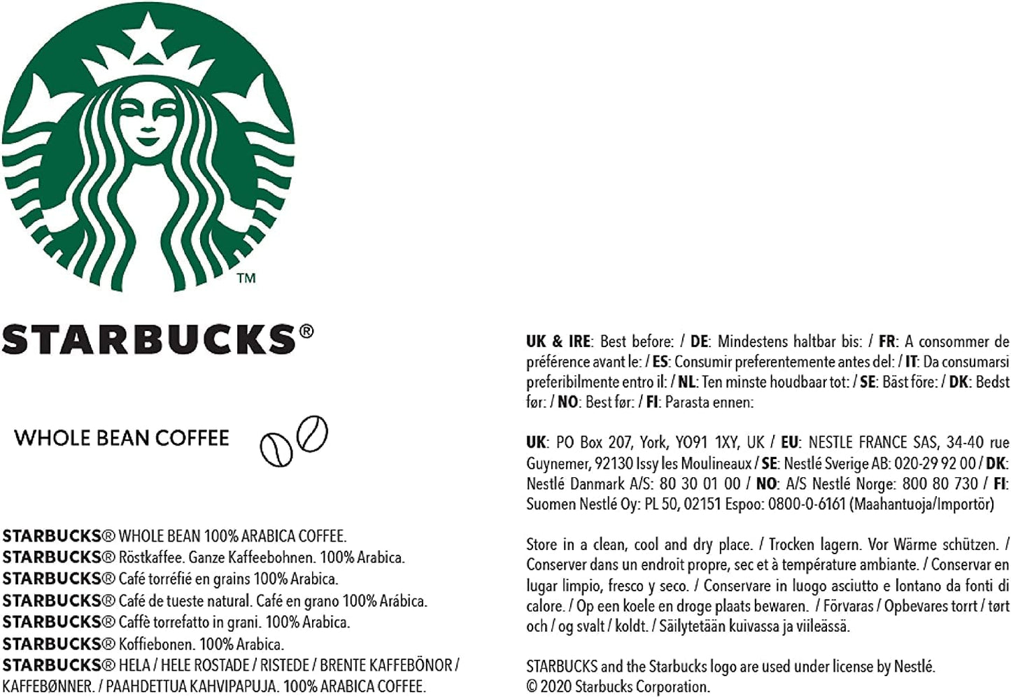 STARBUCKS kawa palona espresso, czarna palona, ​​całe ziarna kawy 200g (opakowanie 6 szt.)