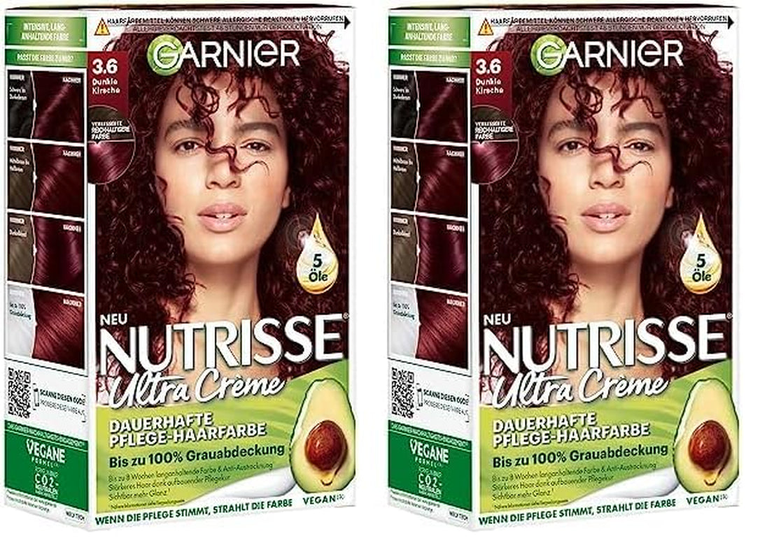 Garnier Nutrisse Farba do włosów do trwałej pielęgnacji z odżywczymi olejkami owocowymi, trwałość przez 8 tygodni, ultra kremowy odcień, 036 Black Cherry (zestaw 2 szt.) Naty Shop Kolor włosów Domyślny tytuł