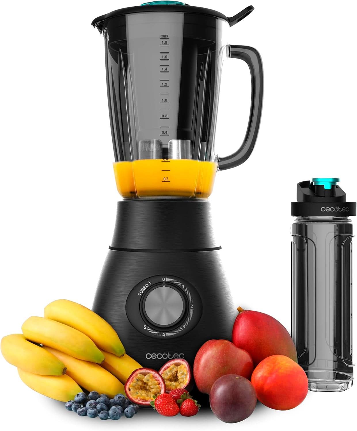 Mikser stojący Cecotec Power Black Titanium 2200MAX Smooth, 2200 W Maximale Leistung, 6 Klingen Aus Edelstahl, funkcja kruszenia lodu, funkcja Turbo i Smoothie, funkcja Autoclean Kitchen Naty Shop Schwarz 2500 W | 1,8 L + pobór Flasche
