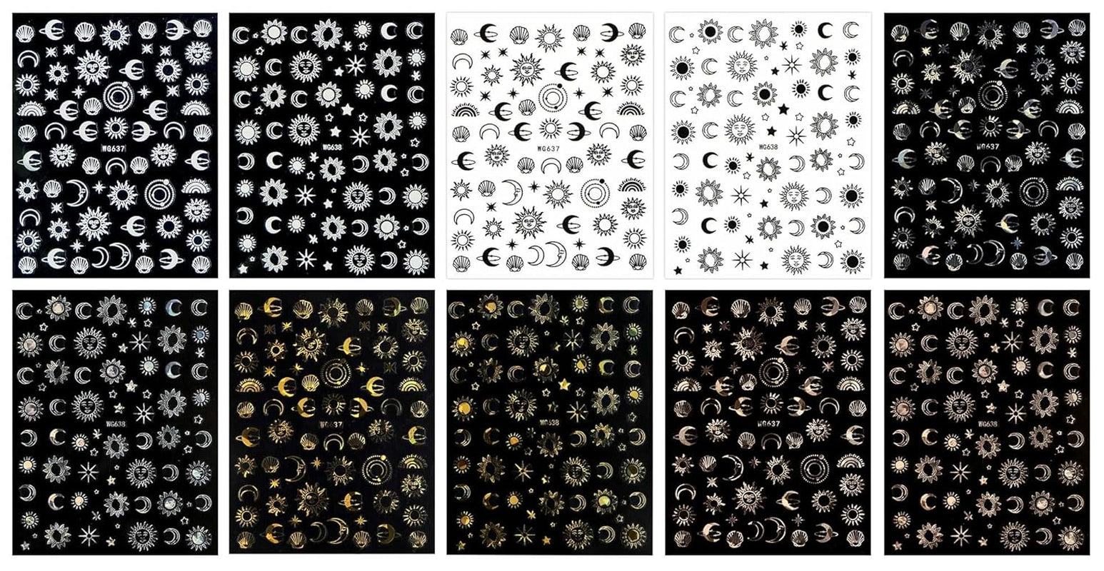 JMEOWIO Nagelsticker Mond Stern Sonne 10 Blatt Nail Art Naklejka Selbstklebend Nagelaufkleber Bunt Dekoration Nageldesign Zubehör