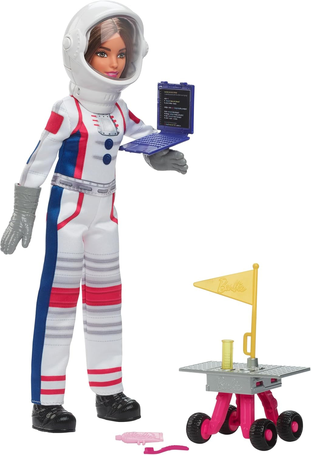 Lalka Barbie na 65. urodziny i 10 akcesoriów, zestaw astronautów, lalka brunetka, łazik na kołach, hełm kosmiczny ze zmiennym wizjerem i nie tylko, HRG45