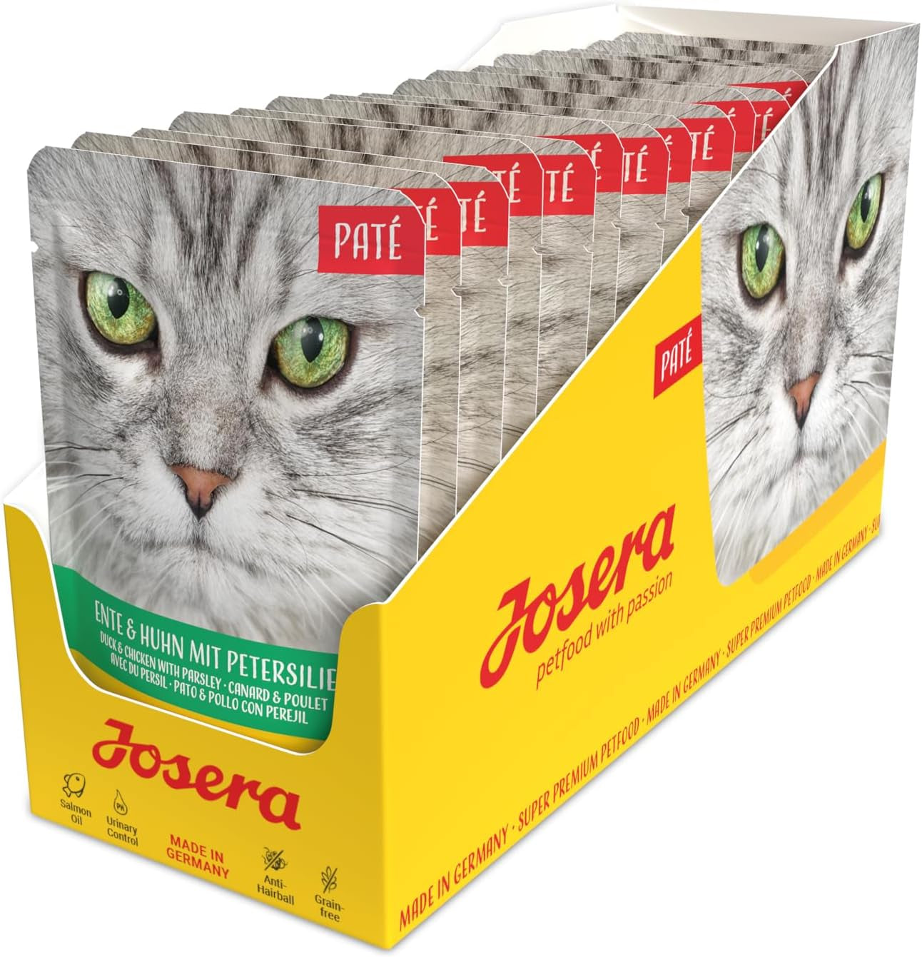 JOSERA Pasztet z kaczki i kurczaka z pietruszką (16 x 85 g) | Dorosły | Mokra karma premium dla dorosłych kotów | Pasztet z kaczki i kurczaka | Olej z łososia | Bez zbóż | Mokra karma dla kotów w świeżych saszetkach | Opakowanie 16 sztuk