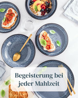 18-częściowy zestaw obiadowy z kamionki ceramicznej dla 6 osób, projekt Ibiza, ZWYCIĘZCA TESTU. Wspaniały śródziemnomorski zestaw zastawy stołowej z kamionki ceramicznej, zawierający miski i talerze. Zestaw zastawy stołowej Pure Living w kolorze dymnego błękitu.