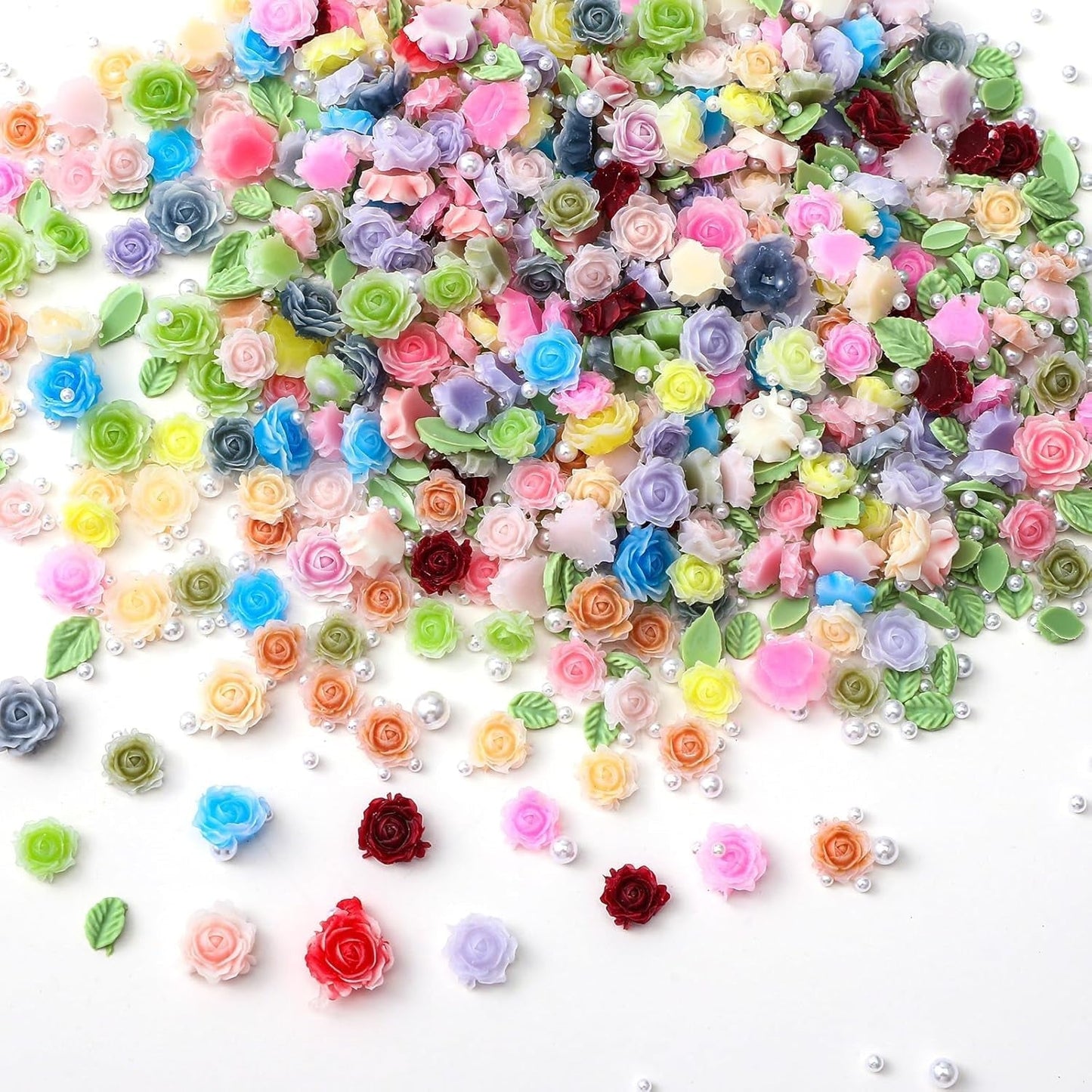 300 Stück Niedlich Blume Nail Charms, 3D Resin Floral Camelie Rose Nägel Charms Mit Perle, Gemischt Größe Bunte Flower Nägel Deko Für Frauen Nail Art Zubehör