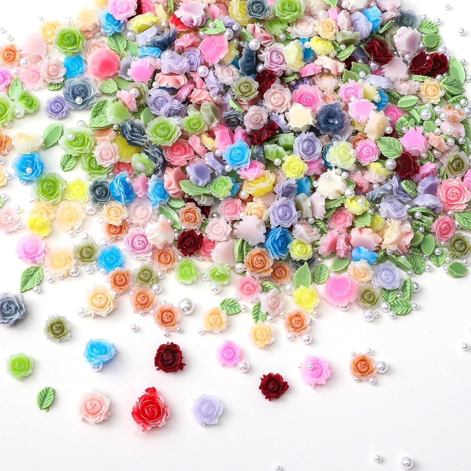 300 Stück Niedlich Blume Nail Charms, 3D Resin Floral Camelie Rose Nägel Charms Mit Perle, Gemischt Größe Bunte Flower Nägel Deko Für Frauen Nail Art Zubehör