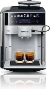 Automatyczny ekspres do kawy Siemens EQ.6 plus s300 TE653501DE, do wielu specjałów kawowych, spieniacz do mleka, młynek ceramiczny, podwójna funkcja kawy, zapobiega osadzaniu się kamienia, automatyczne czyszczenie parą, 1500 W, srebrny