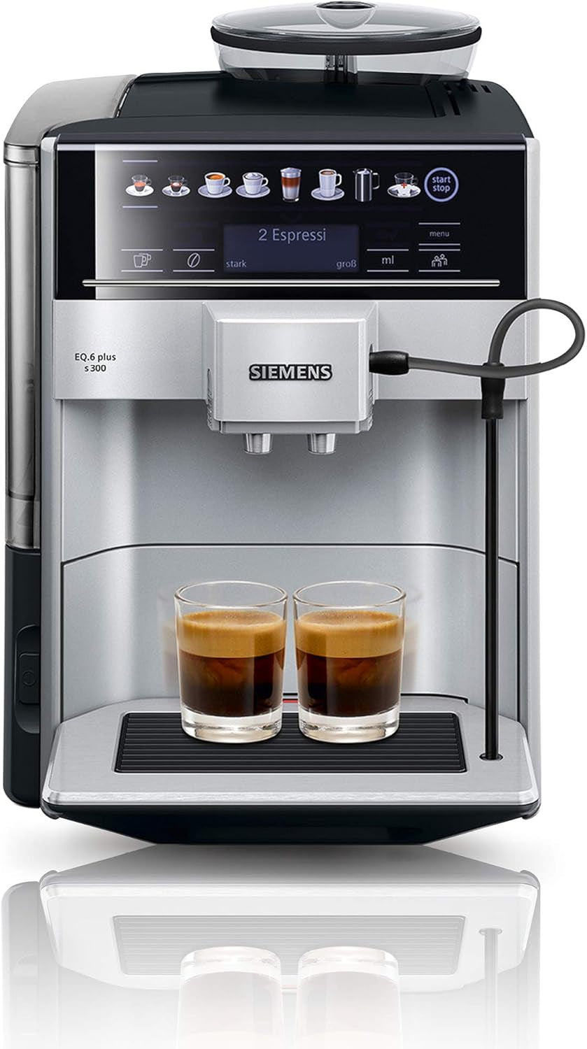 Automatyczny ekspres do kawy Siemens EQ.6 plus s300 TE653501DE, do wielu specjałów kawowych, spieniacz do mleka, młynek ceramiczny, podwójna funkcja kawy, zapobiega osadzaniu się kamienia, automatyczne czyszczenie parą, 1500 W, srebrny