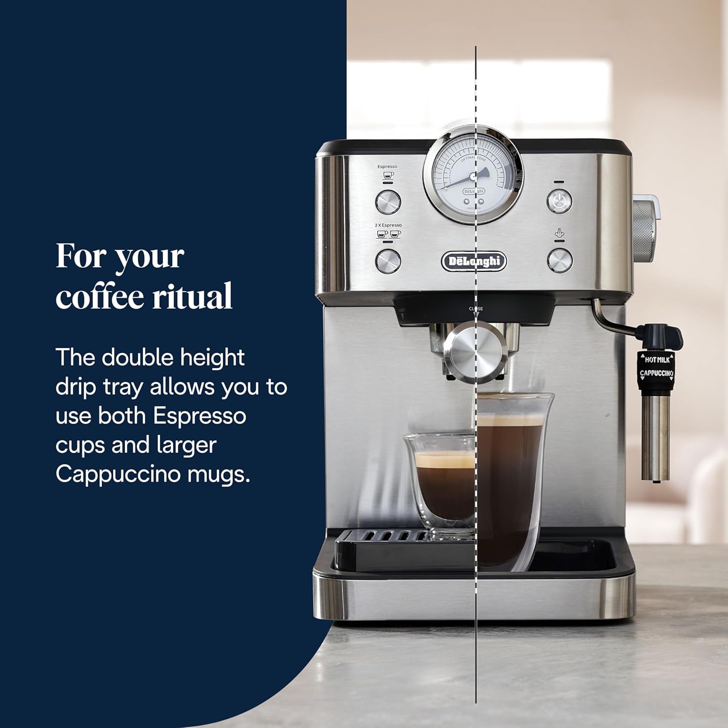 De'Longhi Classic EM450.M ekspres do kawy z kolbą, profesjonalnym spieniaczem do mleka, w całości z metalu, 15 barów, zbiornik na wodę 1,7 l, stal nierdzewna/metal