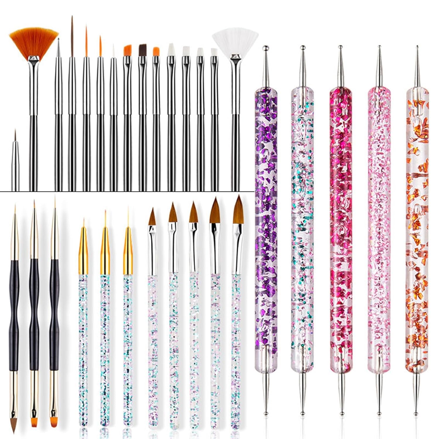 31 Stück Professionelle Nagel Pinsel Set, dwustronny Nagelpinsel, Pinsel Für Gelnägel, akrylowy ołówek do zdobienia paznokci, narzędzia do kropkowania paznokci, szczotka do paznokci dla majsterkowiczów Nagelkunst Salon Design