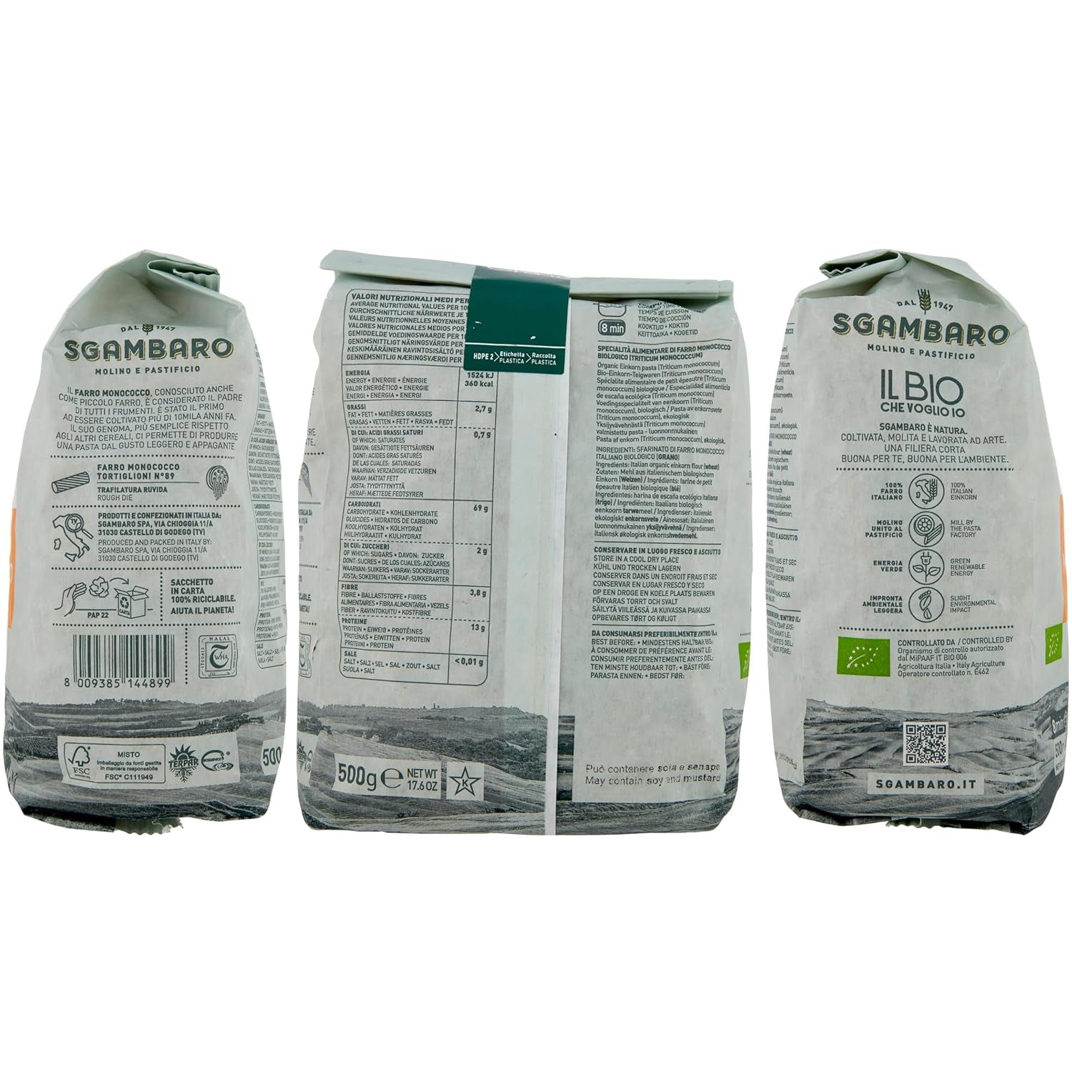 Ekologiczny Makaron Tortiglioni Nr 89 - 500g Makaron pszenny o obniżonej zawartości tłuszczu – Niska zawartość tłuszczu – Źródło błonnika i białka