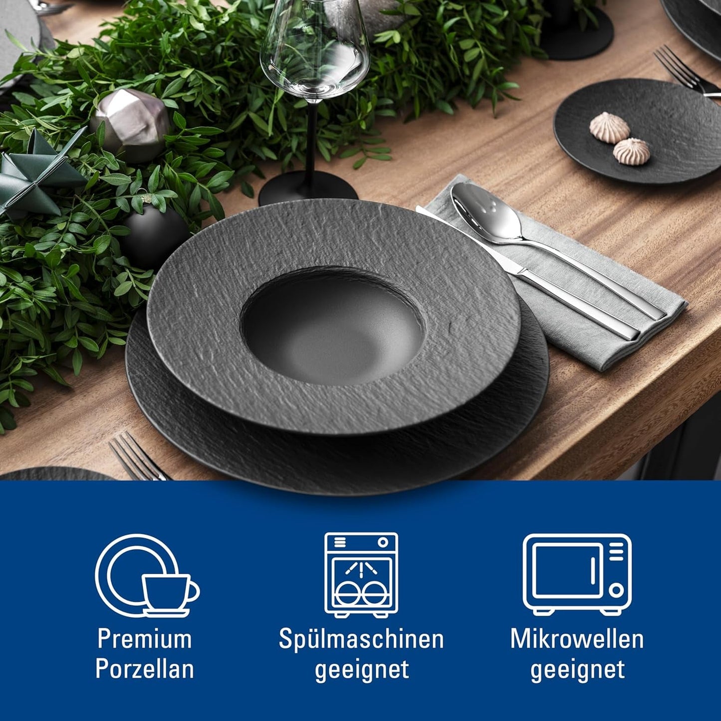 Villeroy & Boch - Manufacture Rock Zestaw naczyń obiadowych, 6 elementów, Zestaw naczyń obiadowych dla 2 osób, Porcelana Premium, Czarny