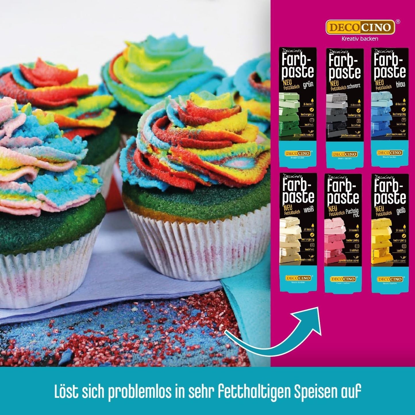 Decocino Rozpuszczalna w tłuszczach pasta koloryzująca Zestaw 6 - 6 x 15 g - Barwnik spożywczy w kolorze czerwonym, białym, zielonym, żółtym, niebieskim i czarnym, idealny do barwienia ciast, kremów i kremów - Bez azo i glutenu