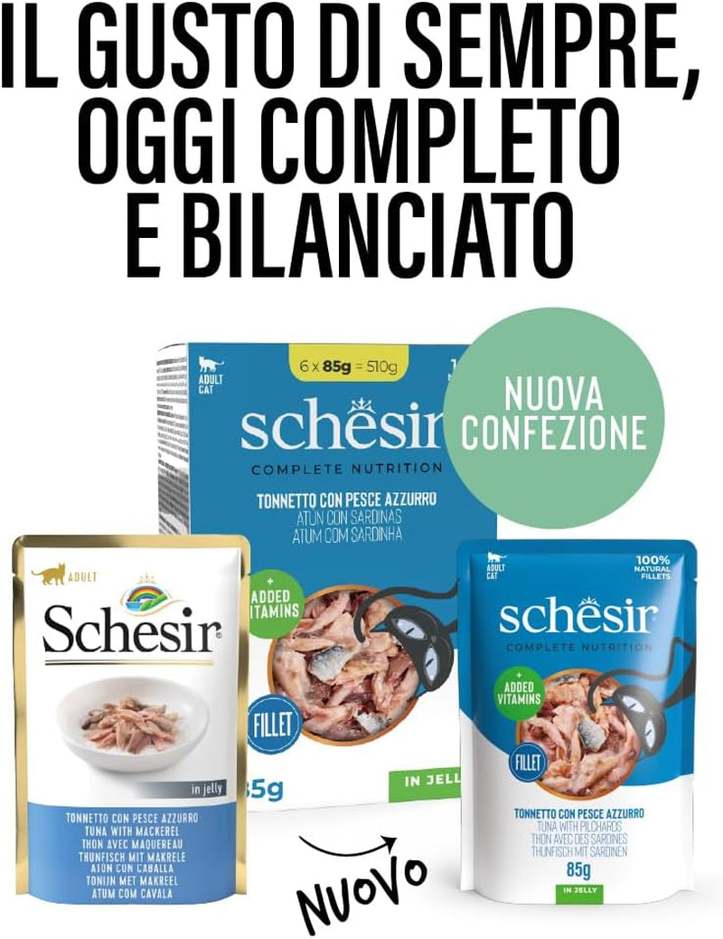 , Tuńczyk z błękitną rybą w galarecie, kompletna mokra karma dla kotów, w saszetce, z dodatkowymi witaminami, 100% naturalna, 6 x 85 g