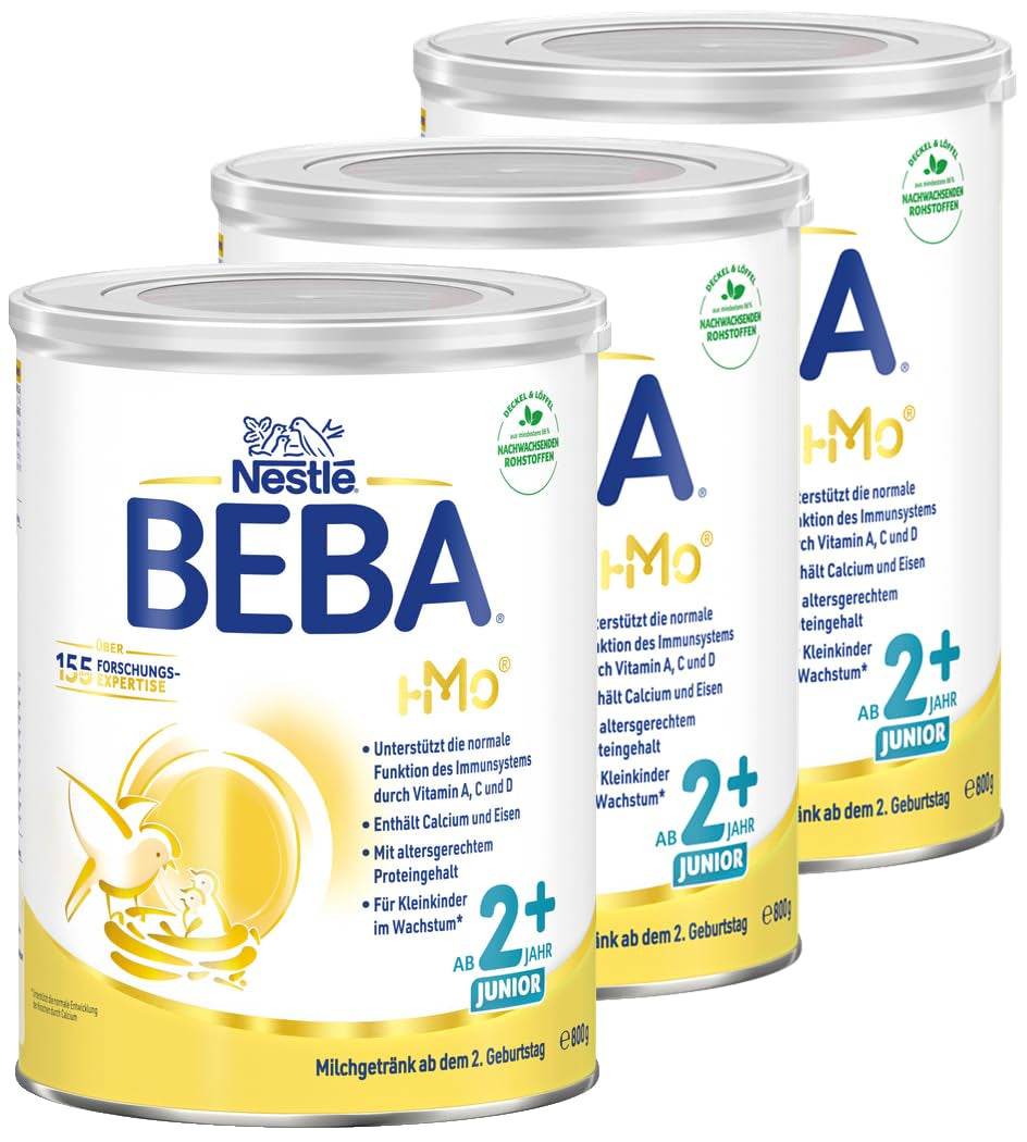BEBA Junior 2+ napój mleczny od 2 lat, z HMO, zawartość białka dostosowana do wieku, tylko laktoza, bez oleju palmowego, bez oleju rybnego, pokarm dla małych dzieci, mleko w proszku dla dzieci, opakowanie 3 szt. (3 x 800 g)