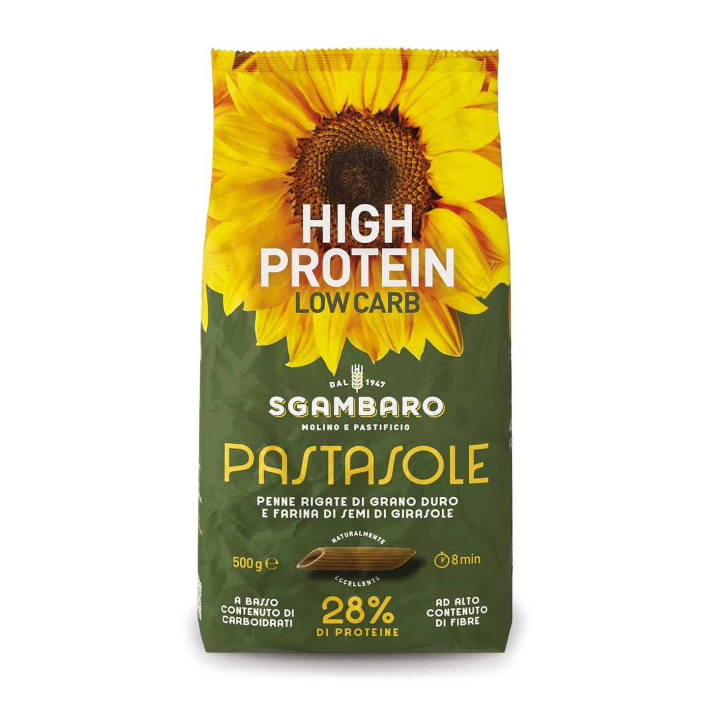 PASTASOLE, Penne Rigate mit Hartweizengriess aus 100% italienischem Anbau und Sonnenblumenkernmehl - 500g - Wysokobiałkowe, Niskowęglowodanowe, Hoher Balaststoffgehalt