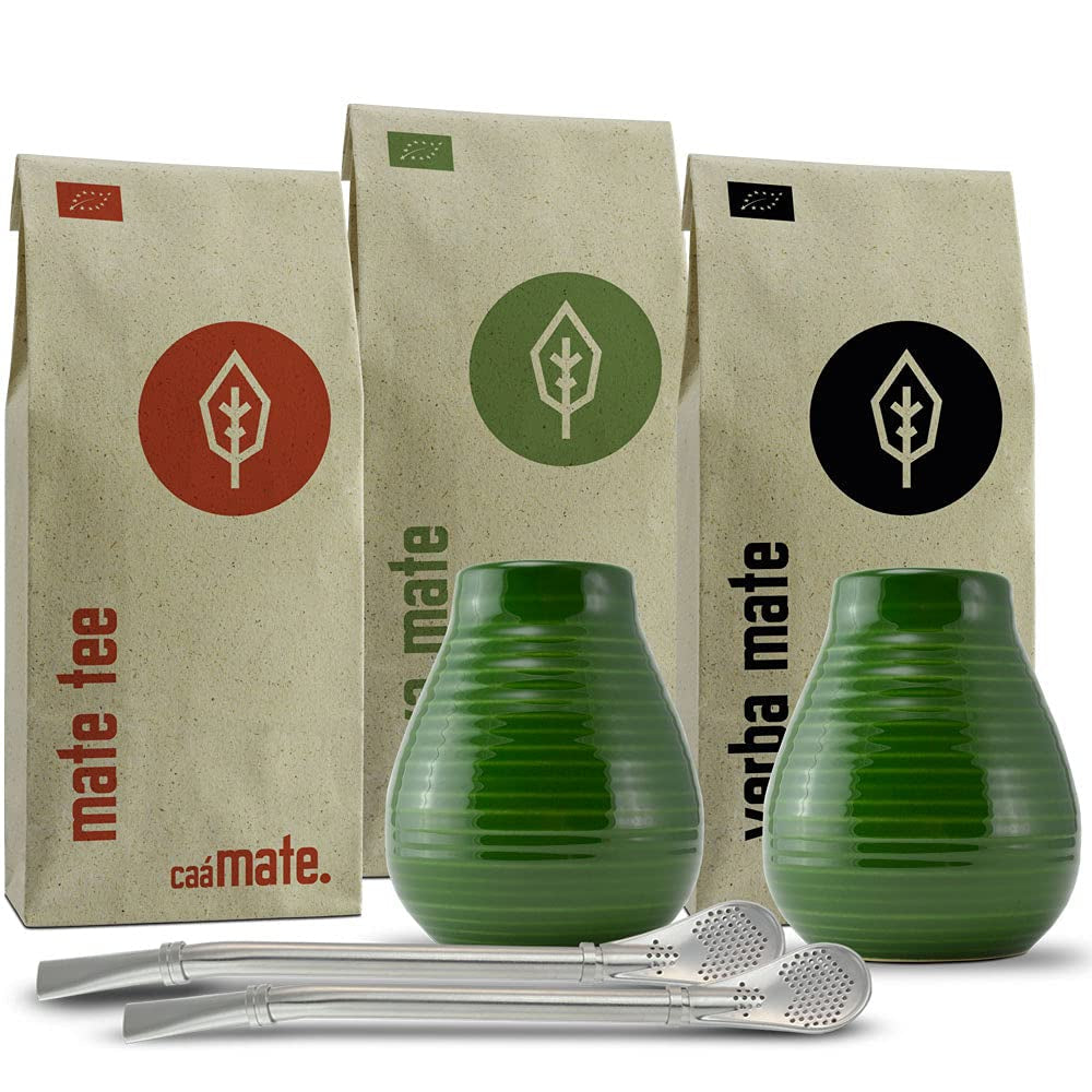Zestaw do herbaty Mate dla dwojga, organiczny ● 2 filiżanki Mate + 2 bombille + 300 g herbaty Mate + instrukcja przygotowania