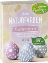 Zestaw naturalnych barwników Heitmann Egg Dye, 3 proszki barwnika do jaj (żółty, fioletowy, szaro-niebieski), arkusz naklejek z papieru z trawy