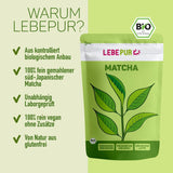 Lebepur BIO Matcha w proszku 100G - Najwyższa jakość z Japonii Bez dodatków - 100% czysta zielona herbata w proszku do Matcha Latte, herbaty Matcha, zielonej herbaty, smoothie - japońska zielona herbata